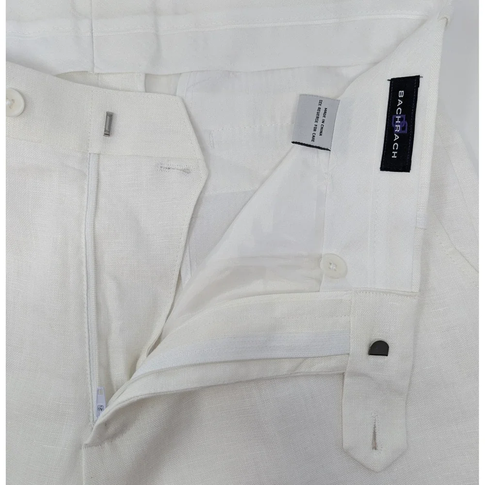 Bachrach Mens 34W White 100% Linen Dress Pants Flat Front Lined Summer Trousers